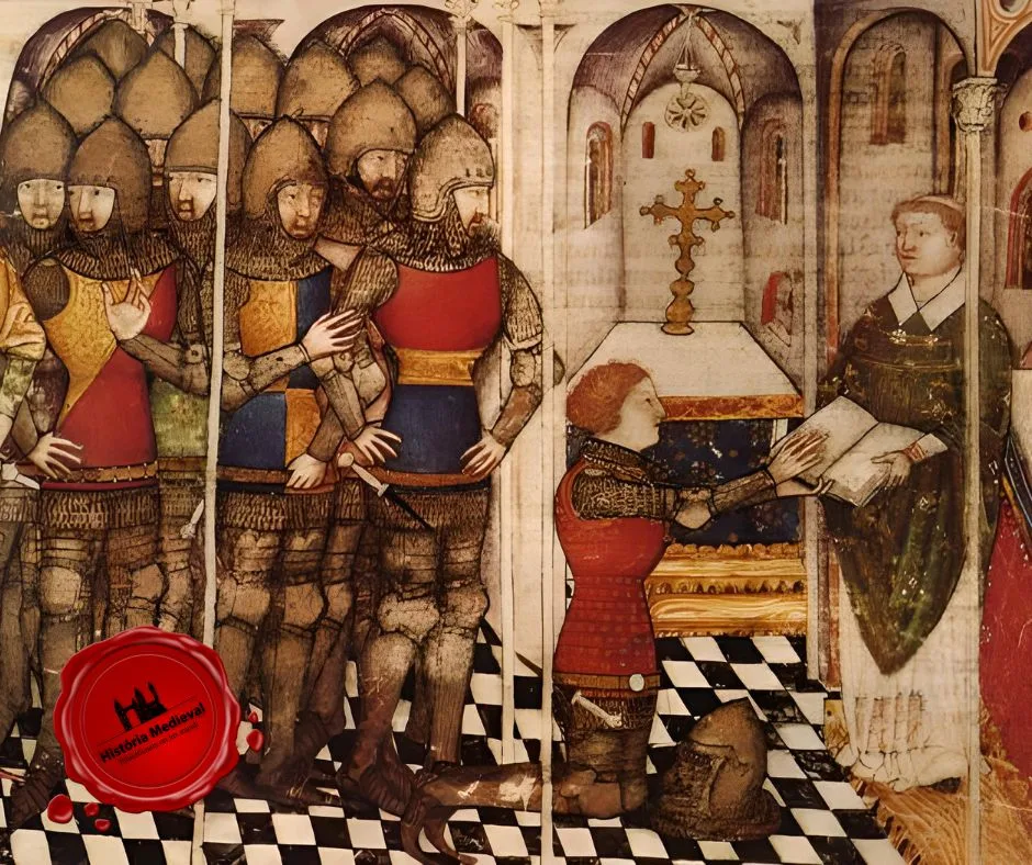 Cerimônia de um cavaleiro (dubbing), miniatura do século XIV