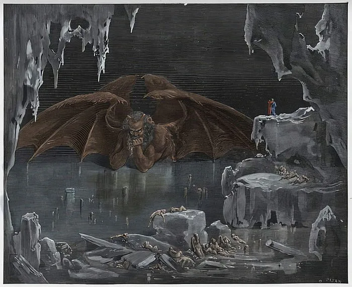 Inferno, Canto 34: Lúcifer, rei do inferno, congelado no gelo, ilustração da "Divina Comédia" de Dante Alighieri, 1885