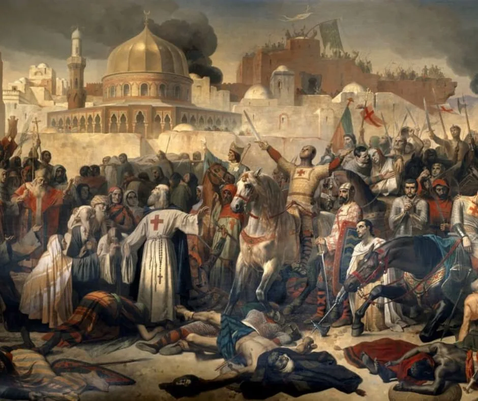Uma pintura do século XIX de Émil Signol intitulada "Tomada de Jerusalém pelos cruzados, 15 de julho de 1099". Jerusalém foi recapturada dos muçulmanos durante a Primeira Cruzada , 1095-1202 EC. ( Palácio de Versalhes, França)