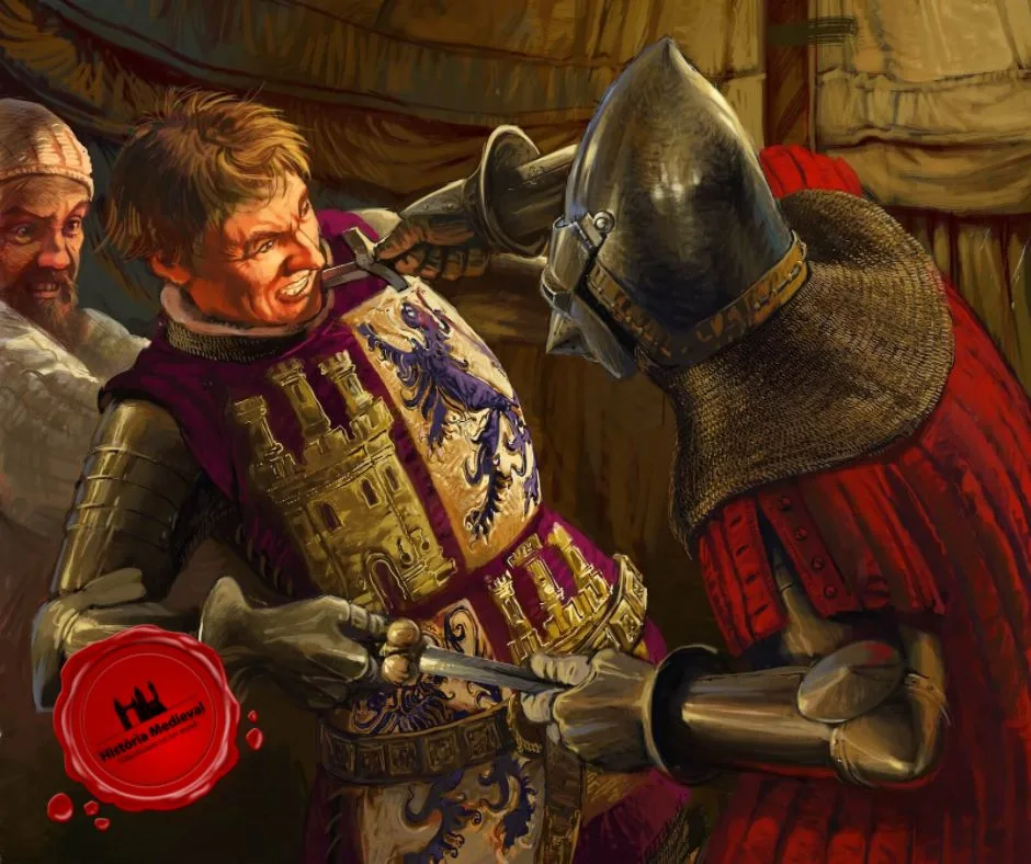 Enrique de Trastámara esfaqueou Pedro I de Castela, imagem de capa da revista «Desperta Ferro Antigua y Medieval nº 44: Pedro I el Cruel». © Radu Oltean/Desperta ferro Edições.