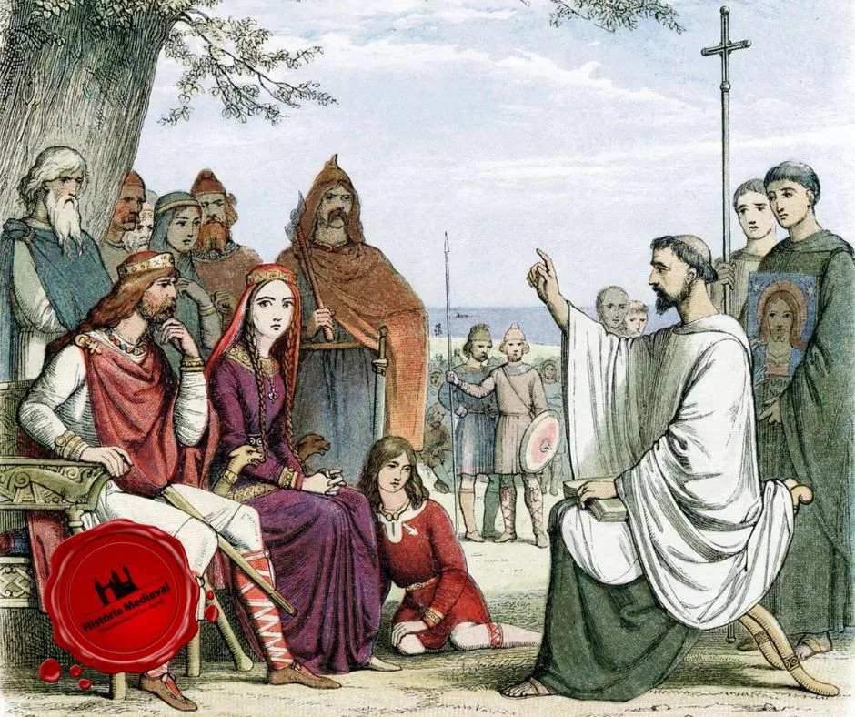 Santo Agostinho pregando a Aethelberht I, xilogravura colorida do século XIX. (Licença de uso paga Getty Images)