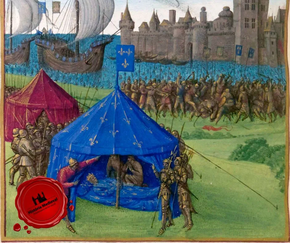 Uma pintura do século XV representando a morte do rei francês Luís IX em 1270 d.C durante a Oitava Cruzada em Túnis.