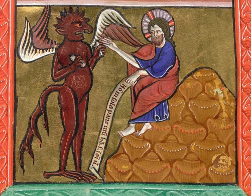 miniatura da Primeira Tentação de Cristo: de um Saltério, Inglaterra (Oxford), c. 1200–1225, Arundel MS 157 , f. 5v