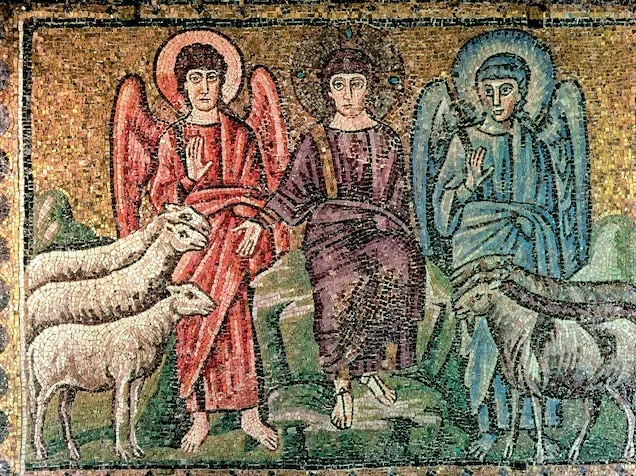 O mosaico do século VI mostra Jesus Cristo, vestido de púrpura real, sentado no Juízo Final. Ele está separando as almas dos salvos (simbolizados pelas ovelhas) das almas dos condenados (os bodes). Atrás da ovelha está um anjo vermelho, e atrás dos condenados está um anjo azul.