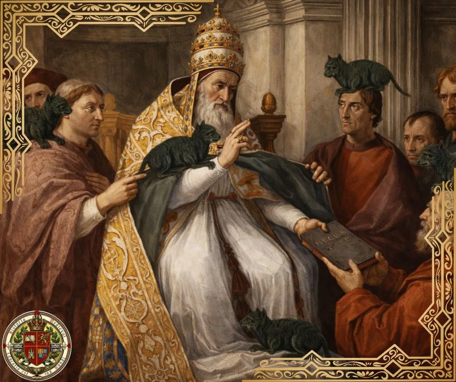 Afresco do Papa Gregório IX aprovando os Decretos (imagem editada) Afresco de Raffaello Sanzio (domínio público)