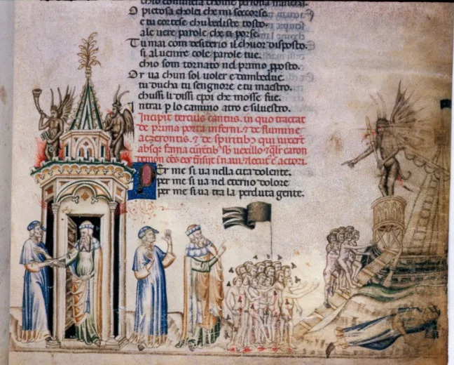Dante e Virgílio entrando nos Portões do Inferno (esquerda); o morno, picado por insetos, segurando uma bandeira e Dante e Virgílio (centro) endereçados por Caronte, retratado como um Diabo alado (acima à direita); almas subindo uma prancha e Dante deitado desmaiado, (à direita) do Canto 3 do Inferno:  Adicionar MS 19587 , f. 4r