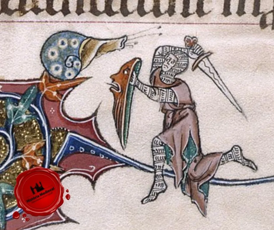 Cavaleiro lutando com um caracol gigante (Ilustração: Saltério Gorleston, 1310-1324, Adicionar MS 49622, f. 193v