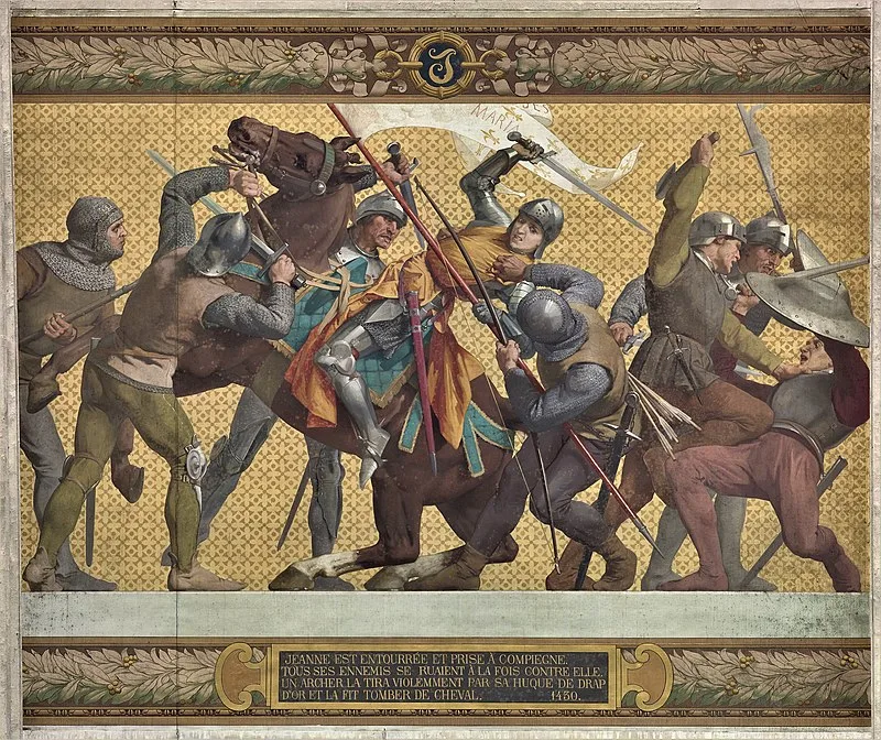 Joana capturada pelos borgonheses em Compiègne. Mural no Panteão, Paris