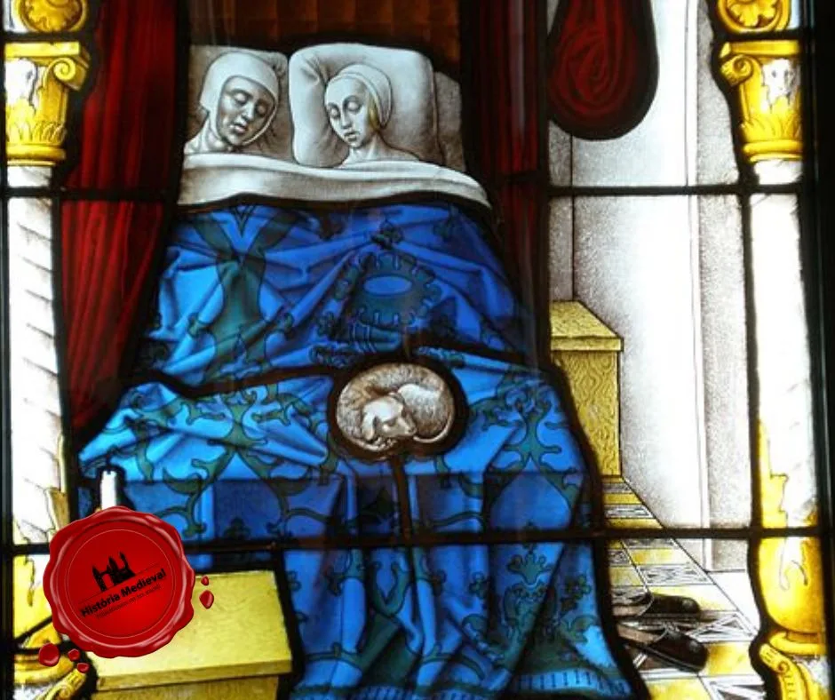 Vitral do Museu Victoria e Albert -  Tobias e Sara em sua noite de núpcias por volta de 1520