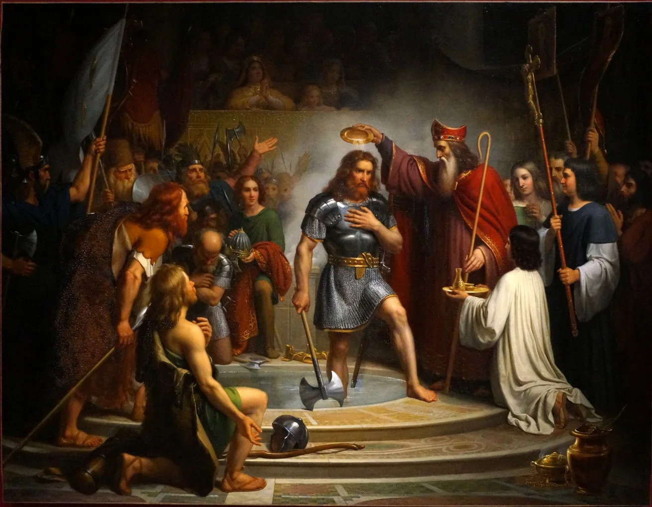 O batismo de Clovis em Reims em 496. Pintura de François-Louis Dejuinne.