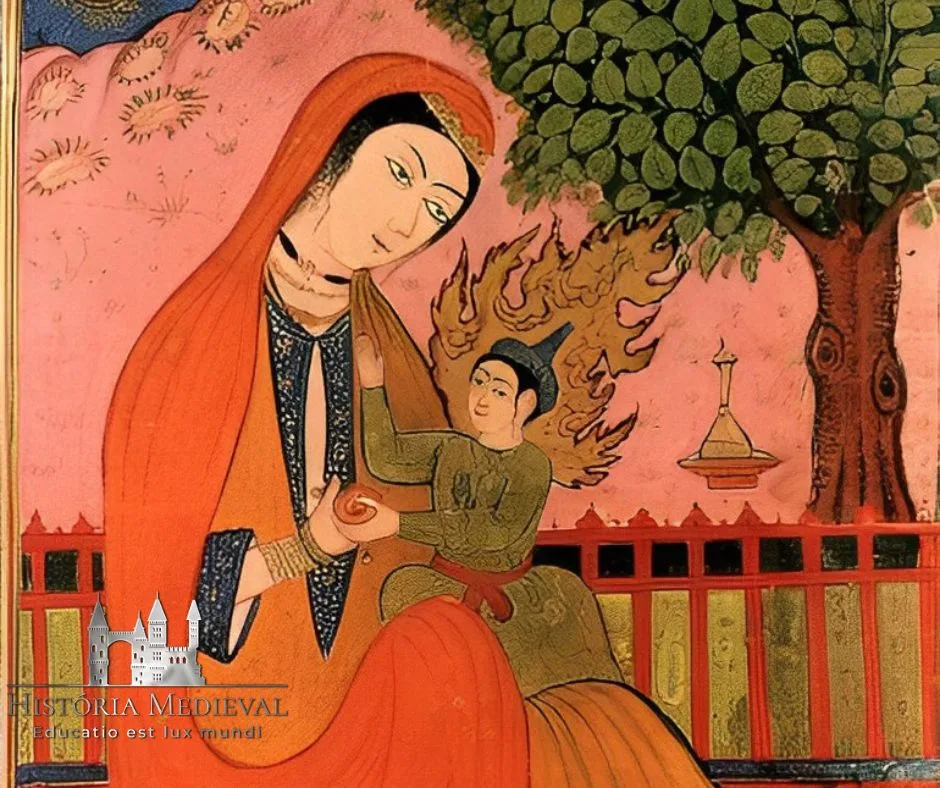 Virgem Maria e Jesus , antiga miniatura persa. No Islã, eles são chamados de Maryam e Isa .