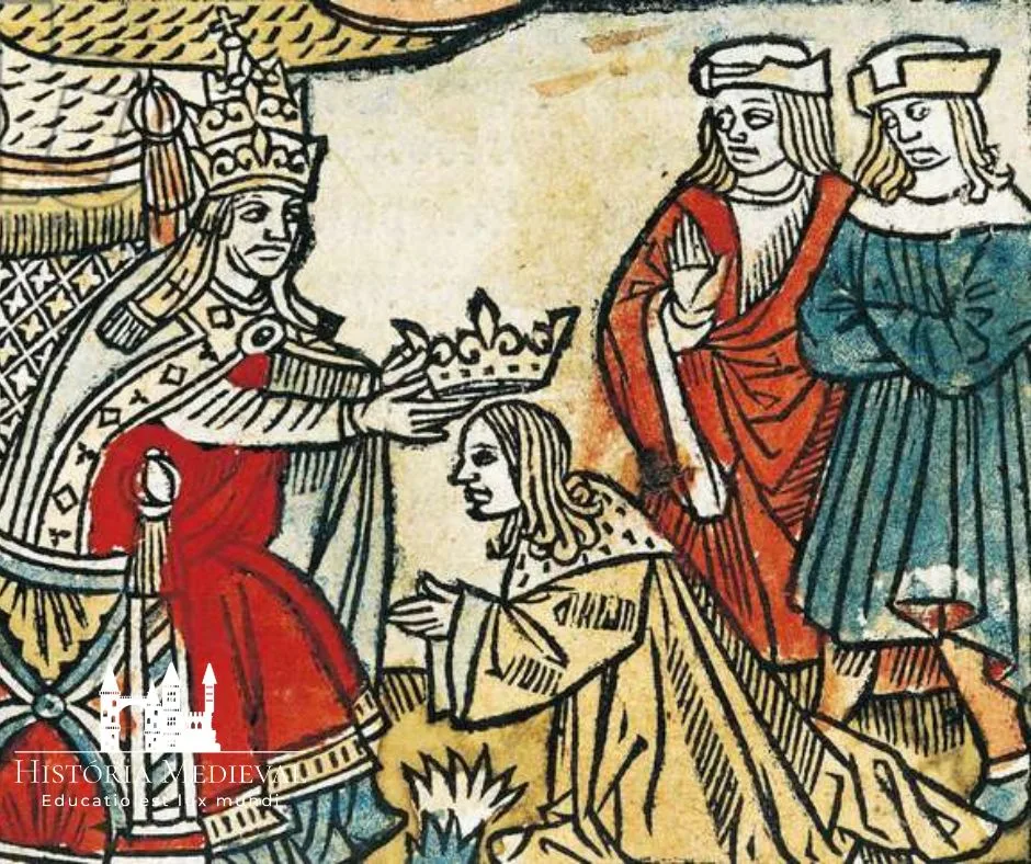 Pepino, o Curto, sendo coroado Rei dos Francos por São Bonifácio em 751, gravura das Grandes Crônicas dos Reis da França, 1514, Robert Gaguin. França, século VIII. Paris, Bibliothèque Des Arts Decoratifs