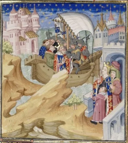 Uma interpretação medieval imaginativa da prisão de Eduardo por Isabel, vista assistindo da direita