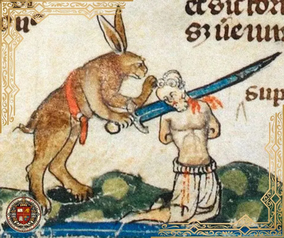 Coelhos assassinos em manuscritos medievais: Smithfield Decretals, c. 1300, Biblioteca Britânica, Londres, Reino Unido. Detalhe.