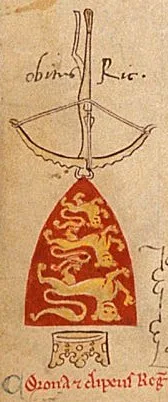 Brasão invertido de Ricardo, indicando sua morte, de um manuscrito de Chronica Majora por Matthew Paris