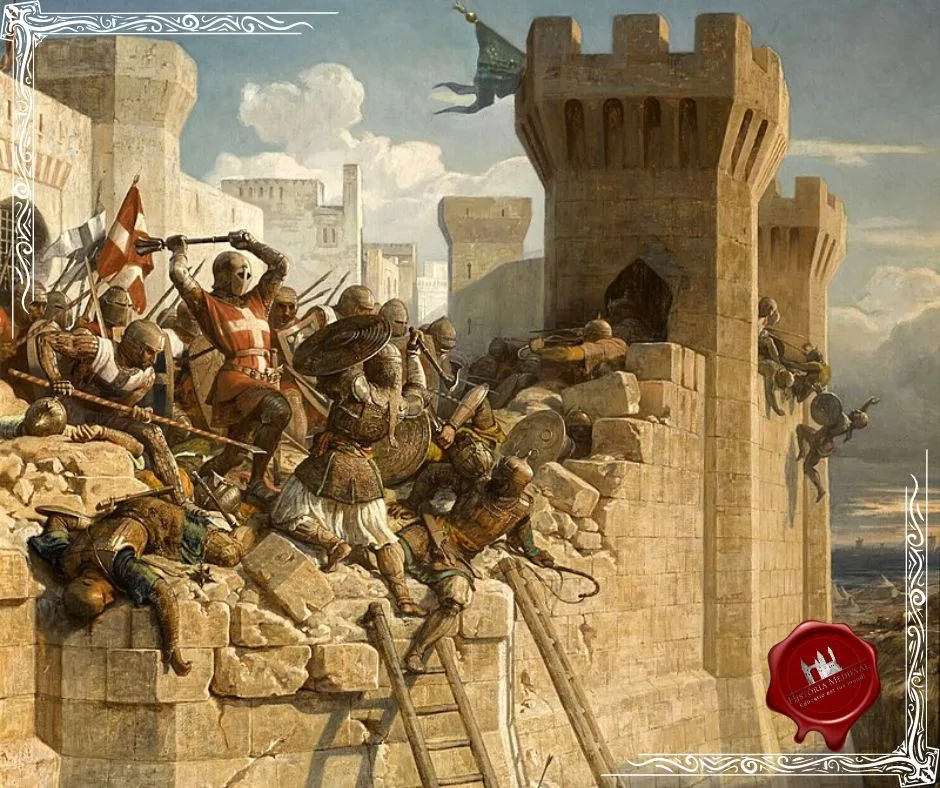 Uma pintura do século 19 CE retratando os Cavaleiros Hospitalários defendendo Acre durante o cerco pelo Sultanato Mameluco em 1291 d.C.