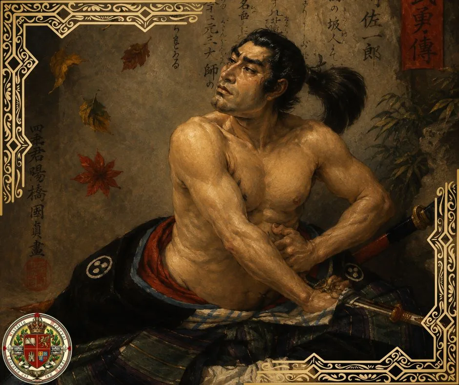 Guerreiro samurai prestes a realizar o seppuku. Xilogravura Ukiyo-e do período Edo (1850–1860)
