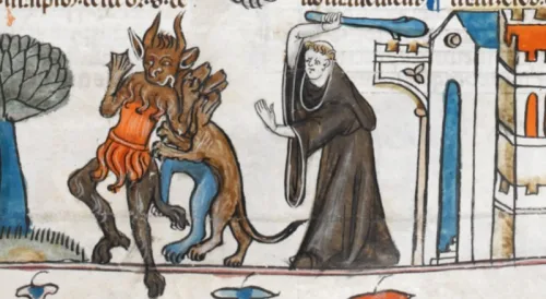 Detalhe de uma cena de baixo de página: dos Decretos de Smithfield, sul da França (Toulouse), c. 1300–1340, Real 10 E IV , f. 247r