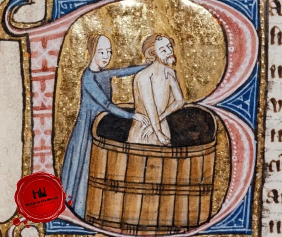 “Banho Público de Avallon” — título fictício; “OMNE BONVM” c 1330-c 1350; © The British Library Board, Royal 6 E VI, fol. 179 “