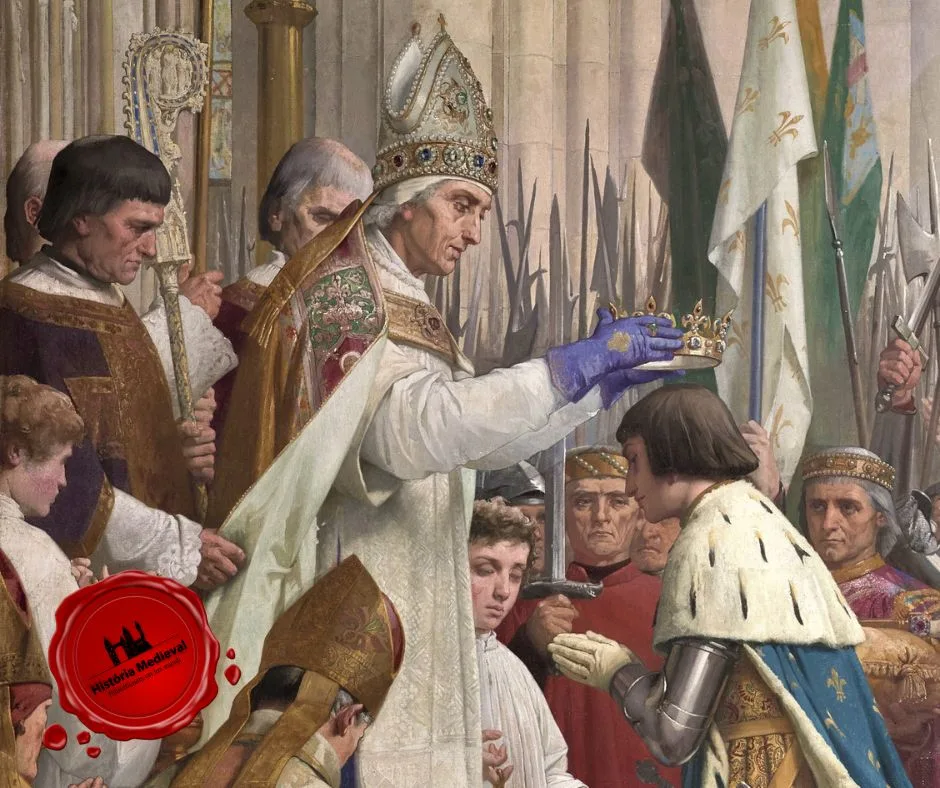 A coroação de Carlos VII da França (1429), detalhe da pintura Jeanne d'Arc (1886–1890)