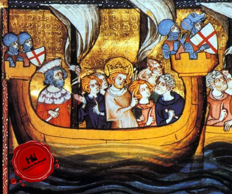 Uma ilustração do século XIV dC de Luís IX da França (r. 1226-1270 dC) partindo de Aigues Mortes para o Egito na Sétima Cruzada (1248-1254 dC