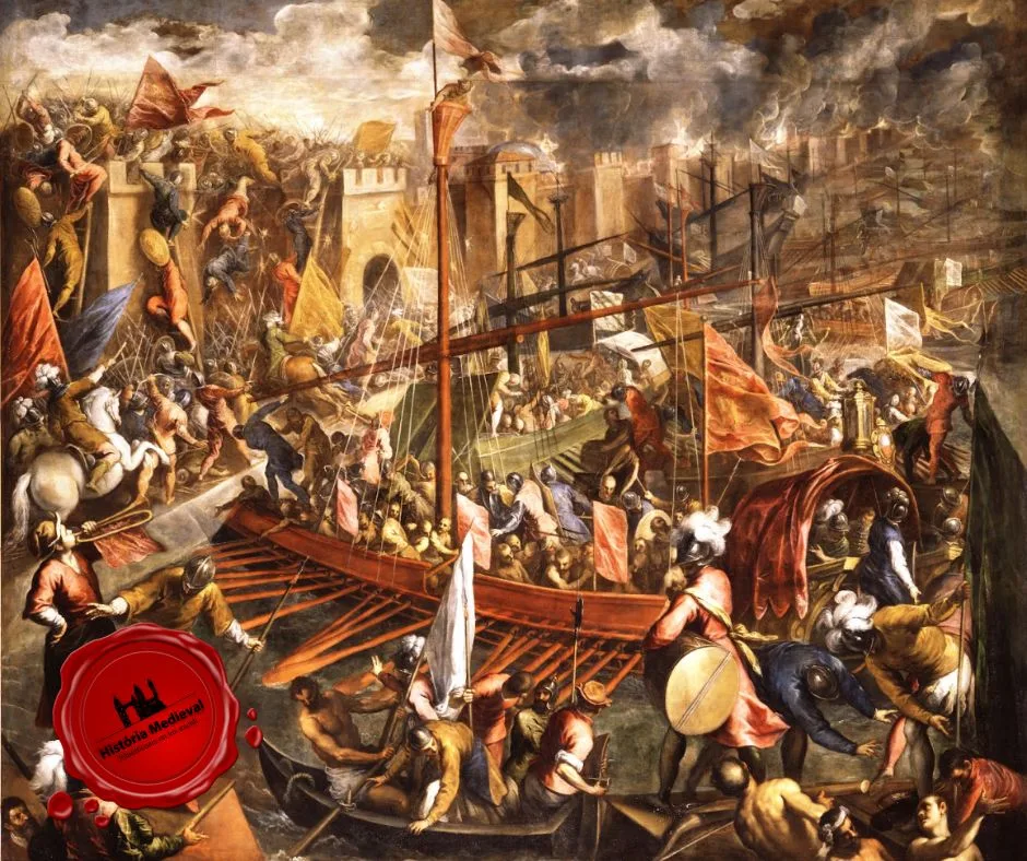 O exército cruzado ataca Constantinopla' por Jacopo Palma il Giovane, por volta de 1587