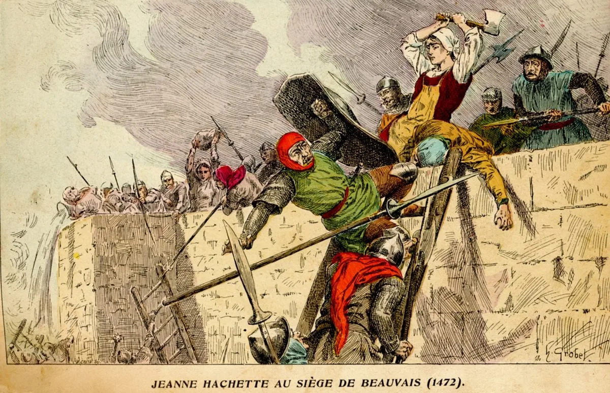 Jeanne Hachette no cerco de Beauvais (1472) . Litografia colorida de E. Crété após uma ilustração de H. Grobet, Histoire de France , Paris, Émile Guérin, 1902.