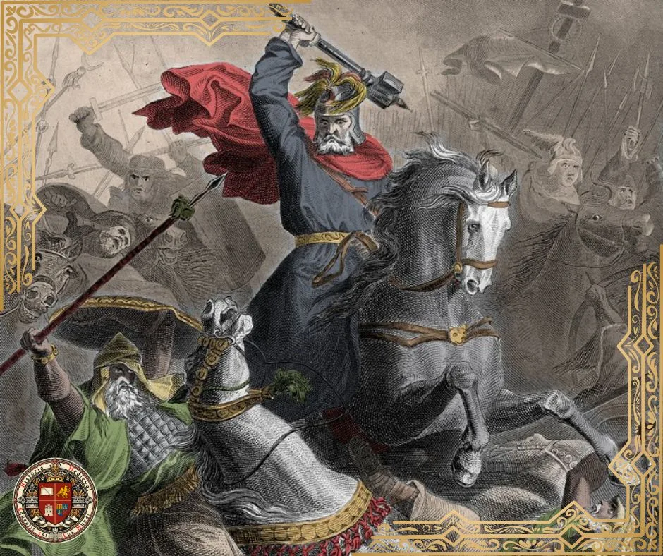 Batalha de Tours, outubro de 732, por Charles de Steuben, retrata Carlos Martel (montado) enfrentando Abdul Rahman Al Ghafiqi (à direita)