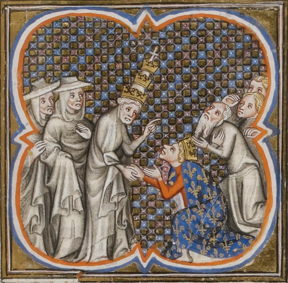 Papa Inocêncio IV encontra São Luís. Miniatura de Grandes Chroniques de France de Charles V