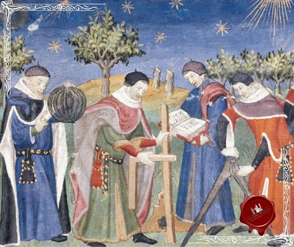 Paisagem com escriturários estudando astronomia e geometria, mostrando esfera armilar, esquadro, compasso
