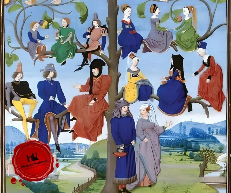 Loyset liedet - árvore de consanguinidade, página de um manuscrito. 1471 Paris, Biblioteca Nacional da França, departamento de manuscritos, francês 202, 15 v