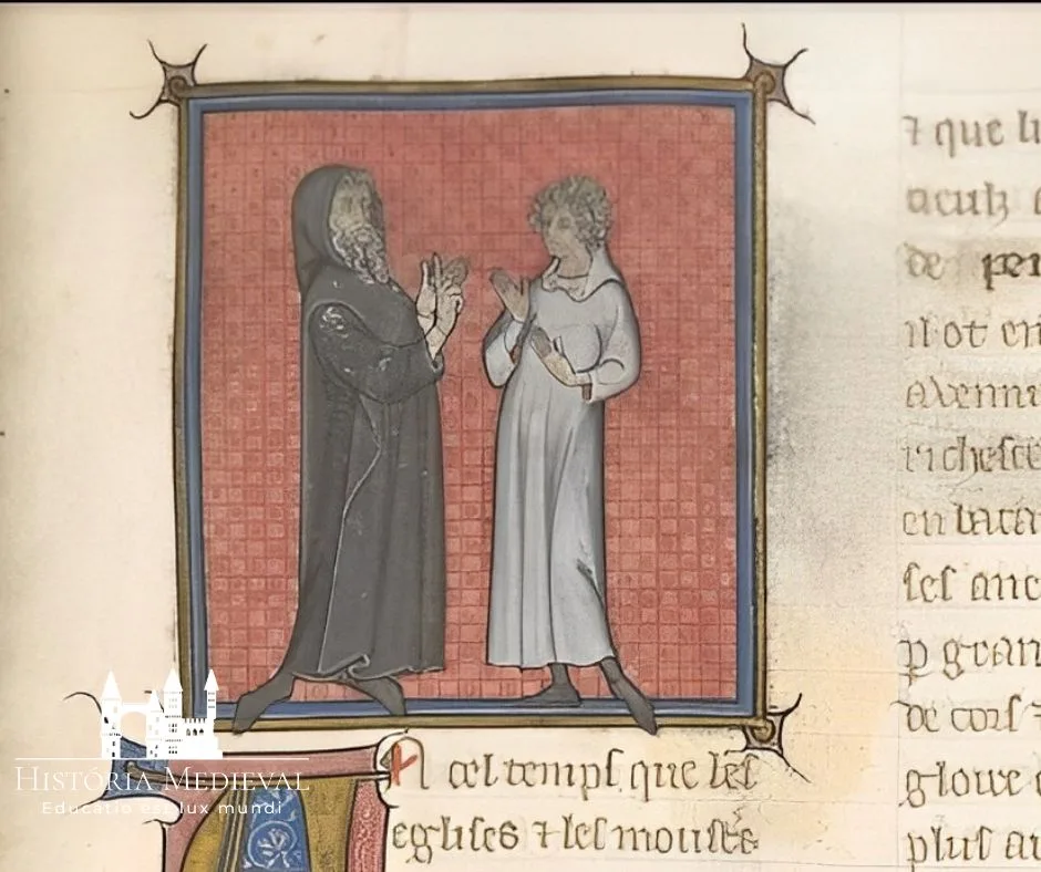A lenda de Barlaam e Josaphat, França, primeira metade do século XIV. A ilustração mostra Barlaão em preto e Josafá em branco. Biblioteca Britânica, Egerton MS 745 f. 131
