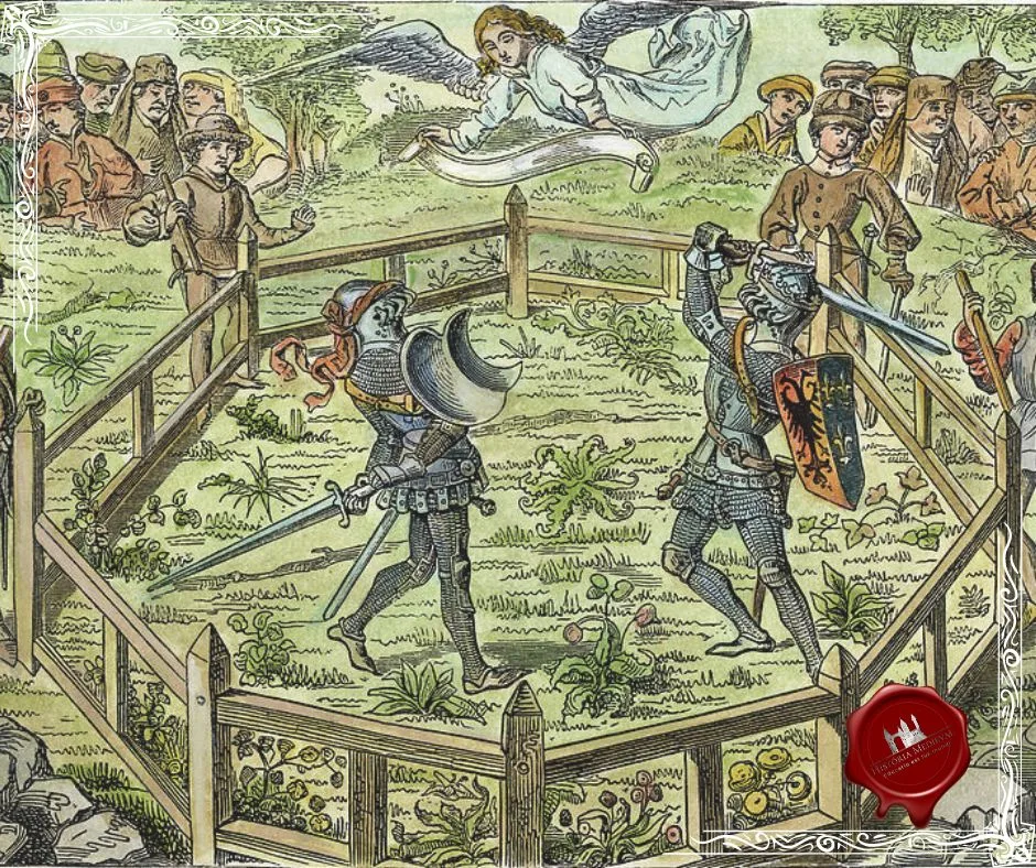 Um julgamento medieval por combate. Miniatura de um manuscrito do século XV.