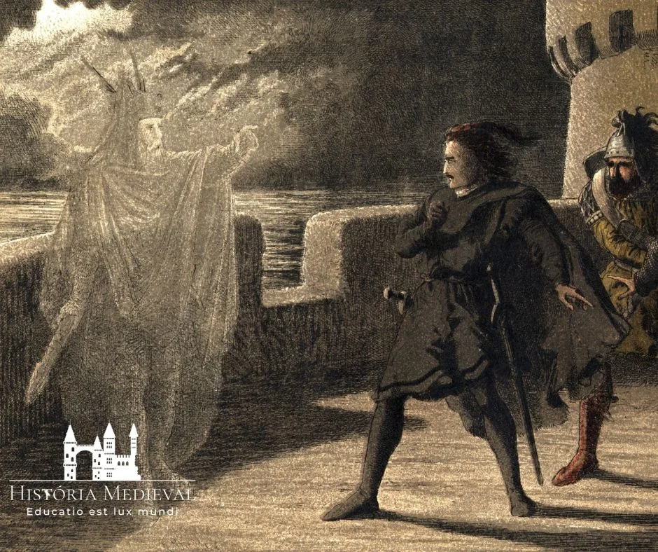 Horatio, Marcellus e Hamlet (centro) encontram o fantasma do falecido Rei Hamlet no Ato 1, Cena 4