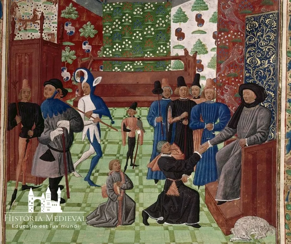 Jean Froissart ajoelhado diante de Gaston III Febus, conde de Foix. (Biblioteca Britânica, Royal 14 DV f. 8)