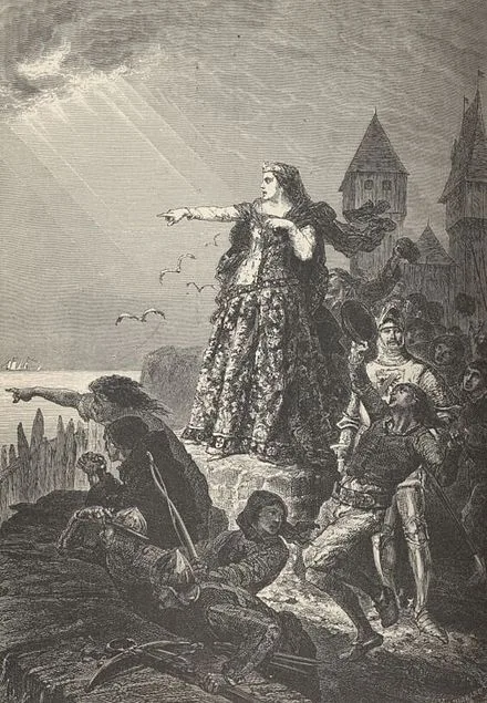 Joanna de Flandres avista a frota inglesa chegando para socorrer Hennebont, 1342 Illus. de François Guizot , História da França , 1869