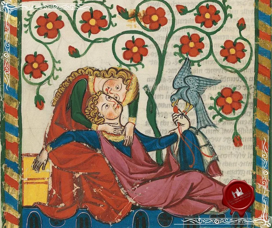 Gavinhas de rosa vermelha cercam os amantes, Símbolo de sua inseparabilidade como "Madressilva e Avelã". Miniatura do Codex Manesse , Cod. Pal. Germe 848, fol. 249v