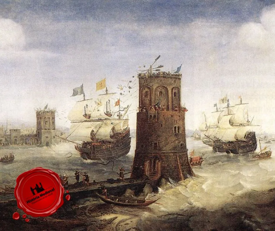 Um navio Haarlem corta a corrente do porto de Damietta em 15 de novembro de 1219, por Cornelis Claesz van Wieringen