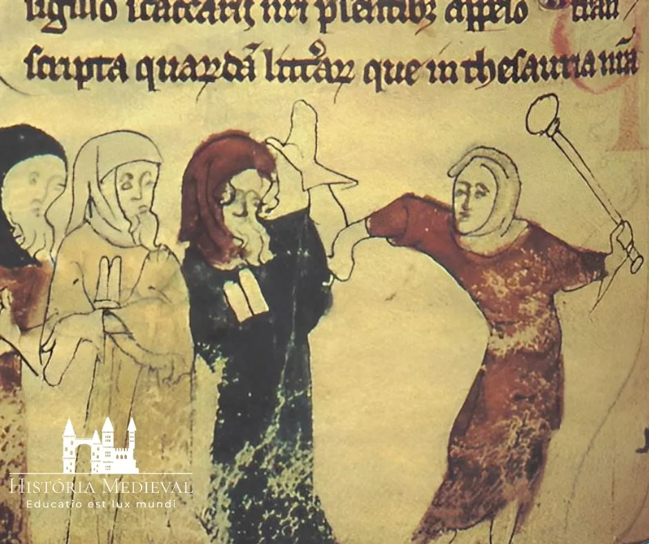 Miniatura mostrando a expulsão de judeus após o Édito de Expulsão de Eduardo I da Inglaterra (18 de julho de 1290).  Ilustração marginal do Rochester Chronicle (British Library, Cotton Nero D. II.), fólio 183v.