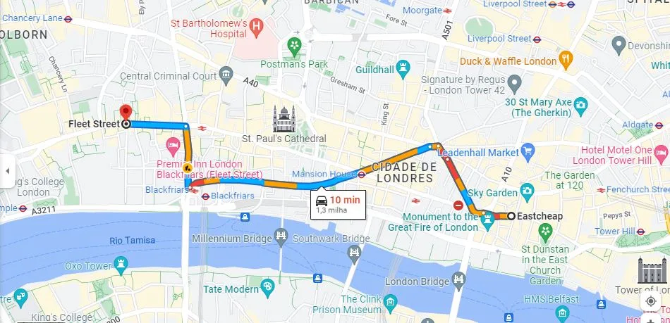 Eastcheap até Fleet Street e Strand