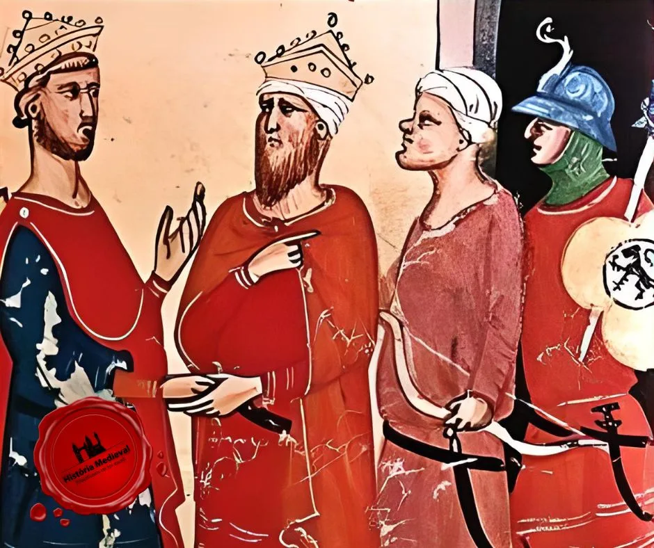 Uma ilustração manuscrita do século XIV dC representando Frederico II , Sacro Imperador Romano (r. 1220-1250 dC) e o sultão do Egito e da Síria al-Kamil (r. 1218-1238 dC) que negociou a entrega de Jerusalém ao domínio cristão durante a Sexta Cruzada (1227-1229 EC). (Bibliotecas do Vaticano, Roma )
