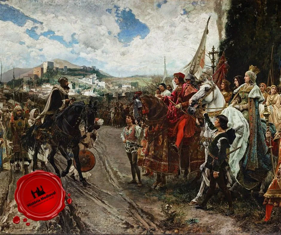 A capitulação de Granada por F. Pradilla: Muhammad XII (Boabdil) rende-se a Fernando e Isabel.